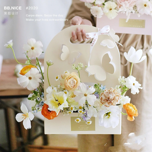 毕业季手提鲜花盒花篮蝴蝶蛋糕包装礼物盒diy材料全套插花小提篮