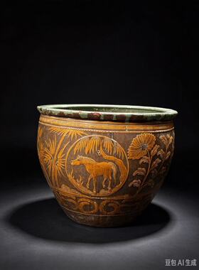 清代黄釉骏马荷花缸 葵边老陶缸 庭院大缸 老物件收藏养鱼荷花缸