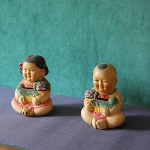 日月堂 民国无锡惠山老泥人 大阿福套装 古董古玩老物件案头摆件