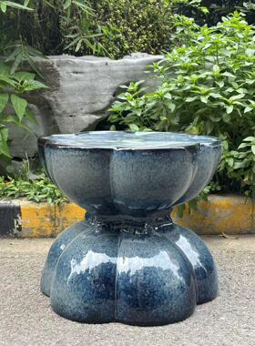 日月堂五六十年代时期莲花台鼓登老窑变釉瓷台盘坐景观造景摆件