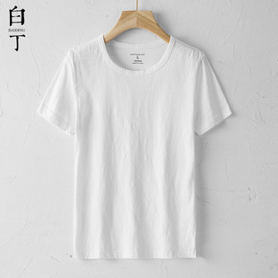 白色竹节棉T恤宽松半袖 上衣打底衫 休闲纯棉圆领短袖 夏季 运动体恤