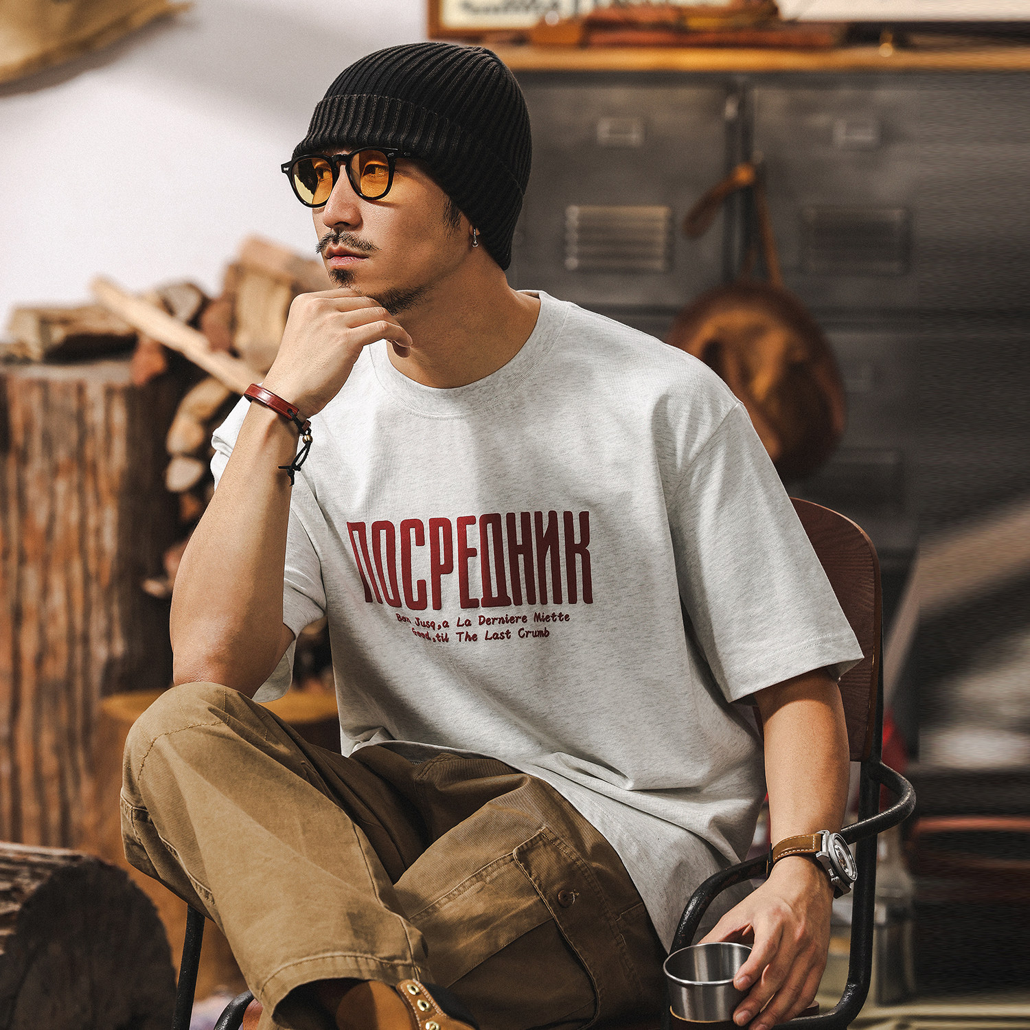 thumbnail for 250g Heavy Cotton T-Shirt Men's Summer Short Sleeve 2026 New Trendy Brand Print Loose Versatile American Top Men