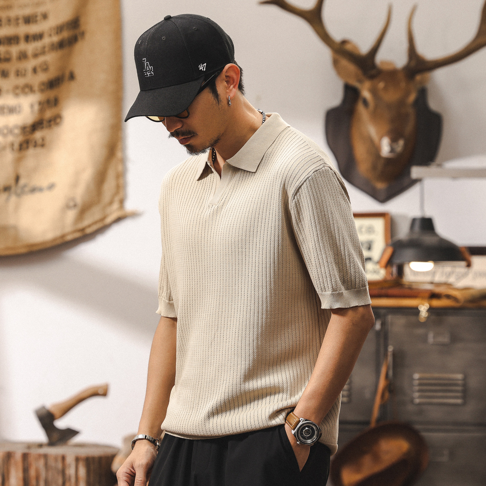 thumbnail for Ice Silk Cool Seagull Collar Men's POLO Shirt Summer Short Sleeve Sweater Men's Light Mature Wind Commuting Loose American T-Shirt