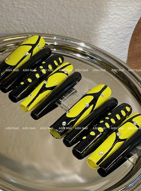 ASH/Savage Scales鳄鱼纹线条黑色亮黄超长手绘纯手工穿戴甲偏大