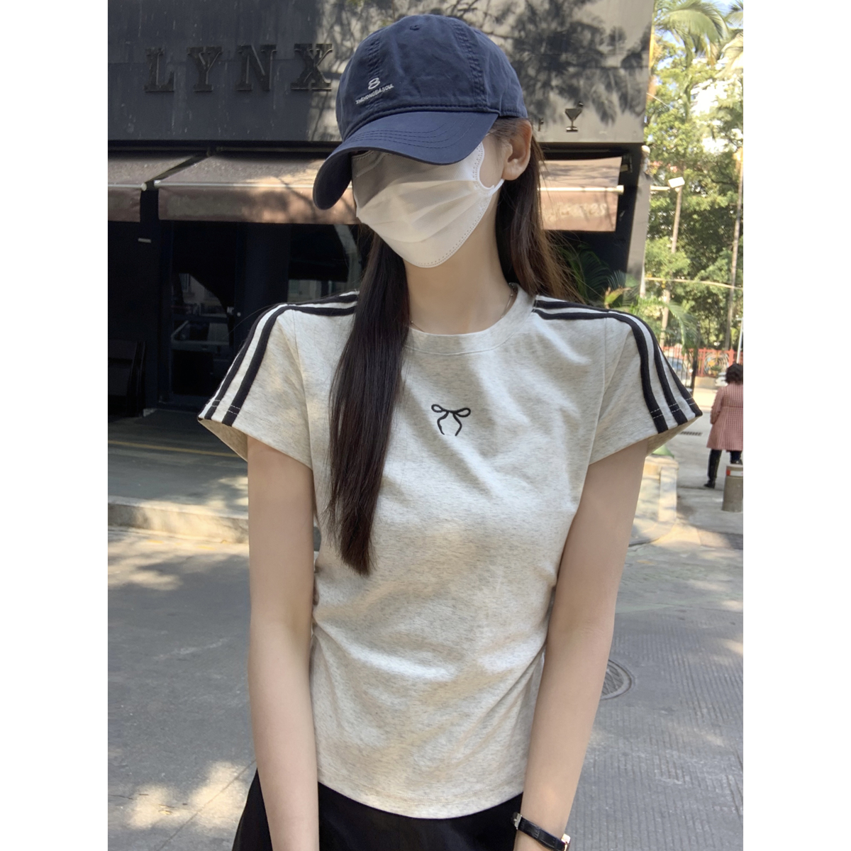 夏季韩版圆领撞色正肩杠条蝴蝶结设计纯棉短袖T恤上衣