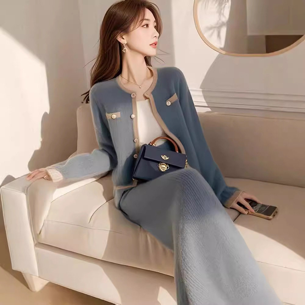 时尚名媛风蓝色针织开衫女装套装轻奢高级感女人味秋季穿搭