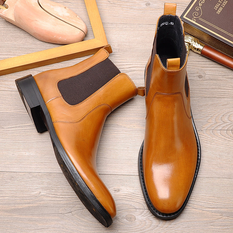 CHELSEA BOOTS MENS BRITISH LEATHER BOOTS EUROPEAN AND AMERICAN TRENDS ELASTIC SOCKETS HIGH-TOP LEATHER SHOES COWHIDE CARGO BOOTS