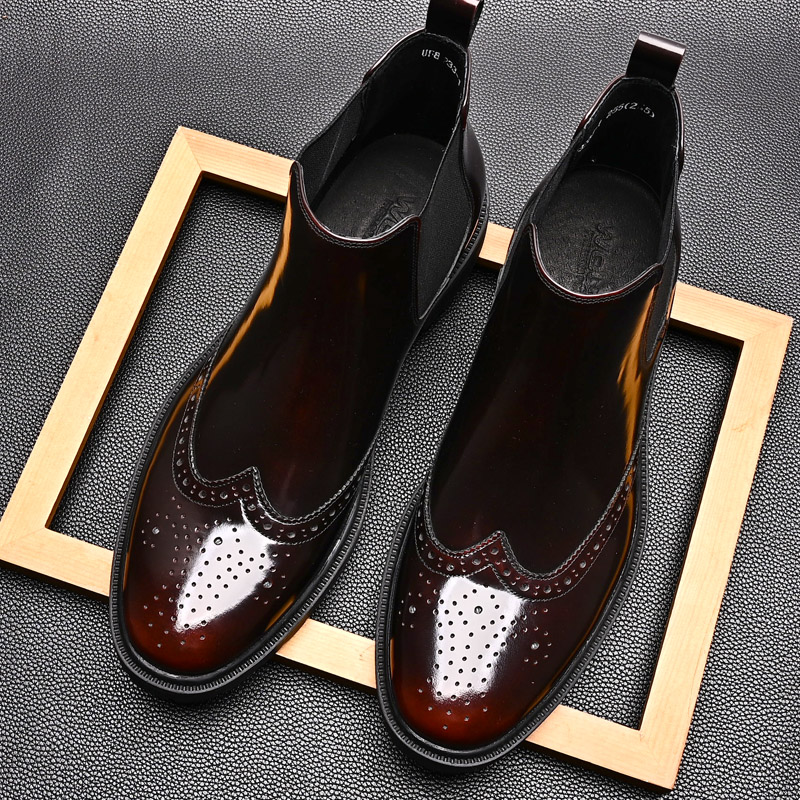 AUTUMN|WINTER NEW CHELSEA BOOTS MENS TRENDY BRITISH LEATHER SHINY ENGRAVED BROGUE BOOTS SOFT-SOLED HIGH-TOP LEATHER SHOES