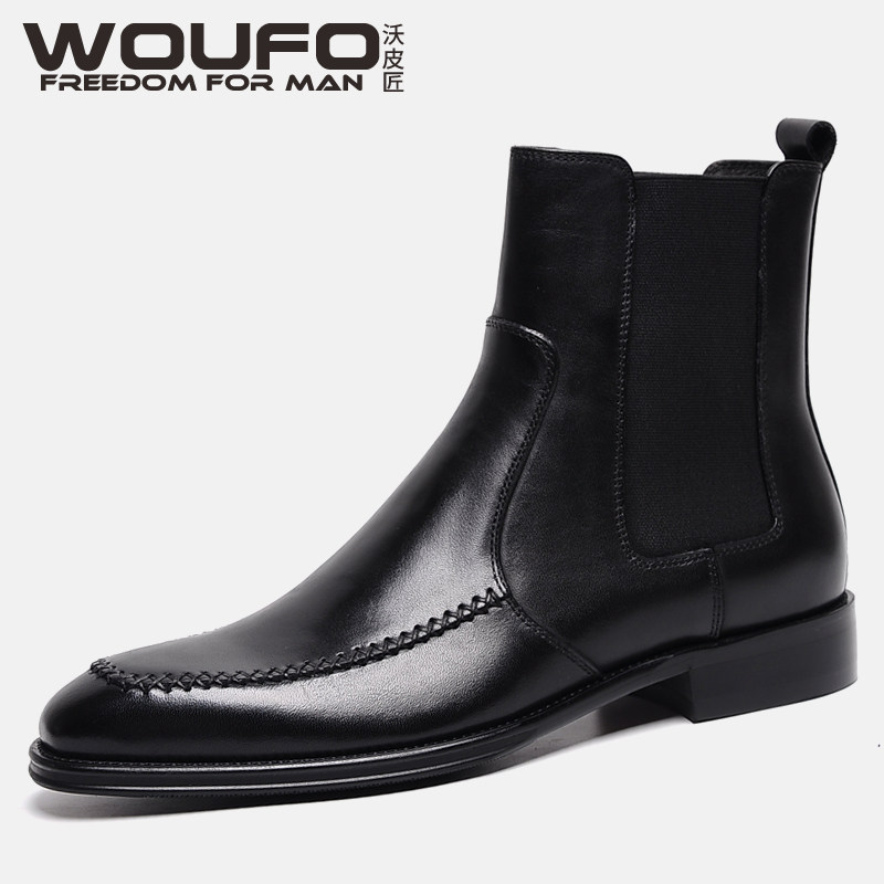 AUTUMN AND WINTER CHELSEA BOOTS MENS EUROPEAN AND AMERICAN LEATHER ELASTIC SOCKET BOOTS COWHIDE CARGO BOOTS VELVET WARM COTTON BOOTS