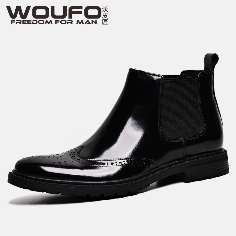 AUTUMN|WINTER NEW CHELSEA BOOTS MENS TRENDY BRITISH LEATHER SHINY ENGRAVED BROGUE BOOTS SOFT-SOLED HIGH-TOP LEATHER SHOES