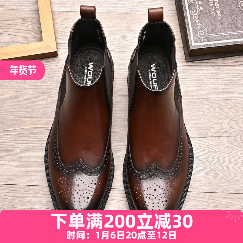 AUTUMN AND WINTER NEW TOP COWHIDE CHELSEA BOOTS BRITISH FASHION MENS CARVED BROGUE BOOTS HIGH-TOP LEATHER SHOES