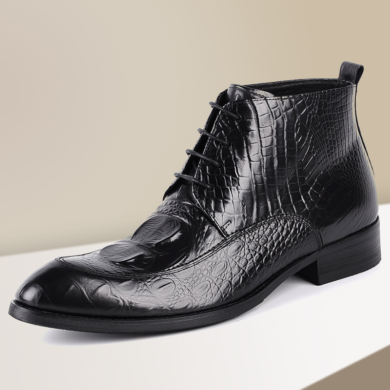 欧美鳄鱼纹英伦尖头潮流高帮皮鞋