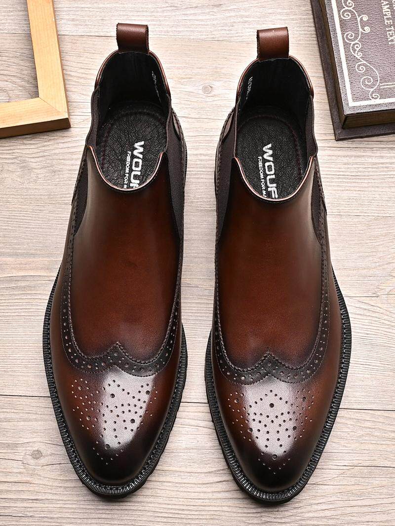 AUTUMN|WINTER GENTLEMAN CHELSEA BOOTS MENS LEATHER SHINY BRITISH POINTED TOE CARVED BROGUE BOOTS PLUS FLEECE WARM BOOTS