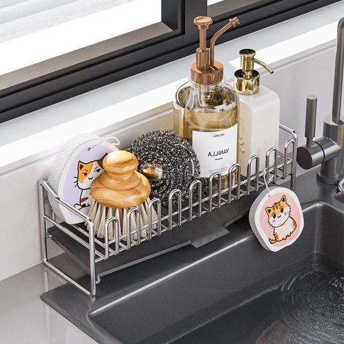 304不锈钢海绵沥水架厨房水池水槽边抹布洗洁精收纳架窄边置物架