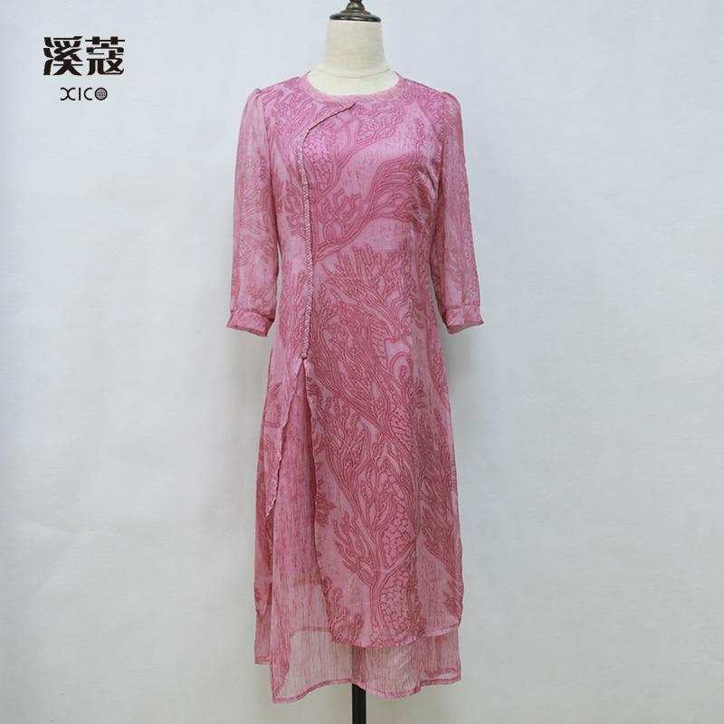 新品雪纺七分袖圆领修身风连衣裙