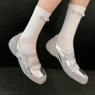 厚底交叉绑带魔术贴软底厚底玛丽珍鞋运动风休闲百搭拼接舒适单鞋