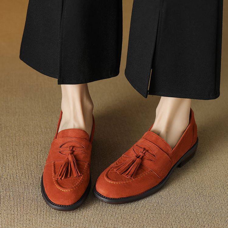 真皮单鞋女2025年春季新款法式复古粗跟圆头流苏乐福鞋小皮鞋,女鞋,乐福鞋（豆豆鞋）,淘宝优惠券,粉丝福利购,淘宝优惠卷