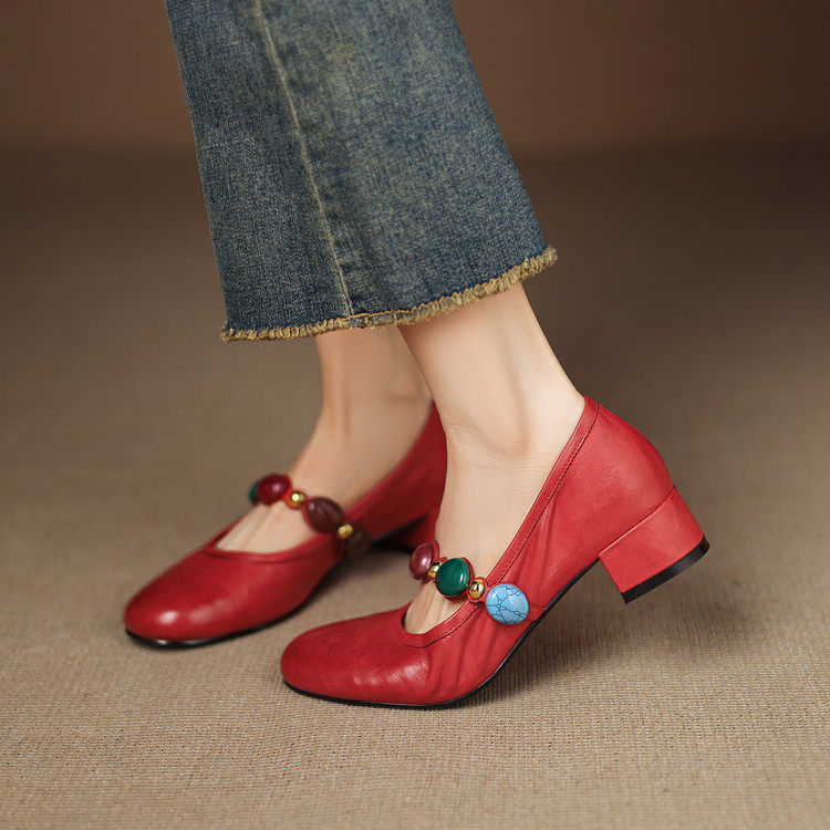 法式优雅粗跟真皮玛丽珍单鞋女2026春季时尚珍珠浅口红色女鞋,女鞋,浅口单鞋,淘宝优惠券,粉丝福利购,淘宝优惠卷