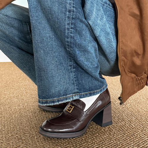 女士舒适透气时尚2026春季新款圆头粗跟高跟乐福鞋小皮鞋单鞋