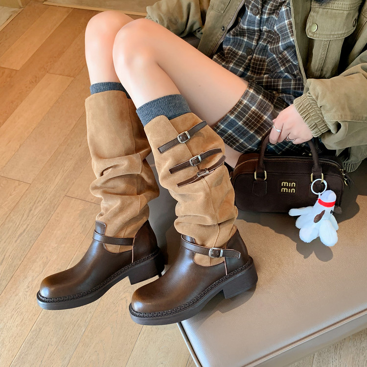 美拉德拼接复古长筒靴皮带扣粗跟骑士靴女2025冬季褶皱堆堆靴