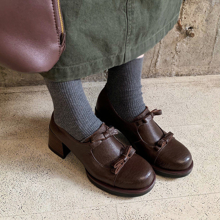 韩式复古风圆头蝴蝶结单鞋女粗跟一脚蹬通勤百搭小皮鞋深口单鞋子,女鞋,浅口单鞋,淘宝优惠券,粉丝福利购,淘宝优惠卷