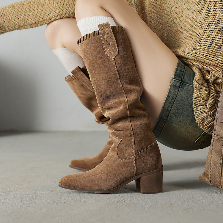 复古西部牛仔靴女粗跟高筒堆堆靴英伦风长筒靴不过膝高跟骑士靴子