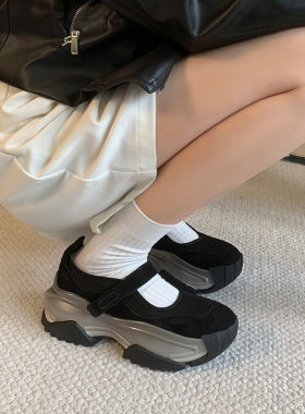 街头设计感小个子松糕厚底玛丽珍鞋软妹运动休闲鞋浅口真皮单鞋子