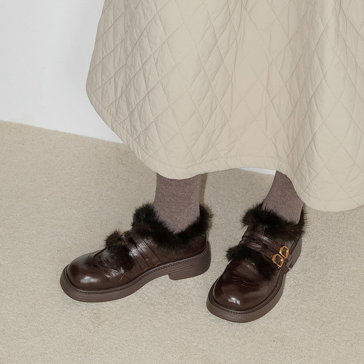 双排扣圆头复古皮面加绒保暖乐福鞋女一脚蹬毛毛鞋软底舒适单鞋子