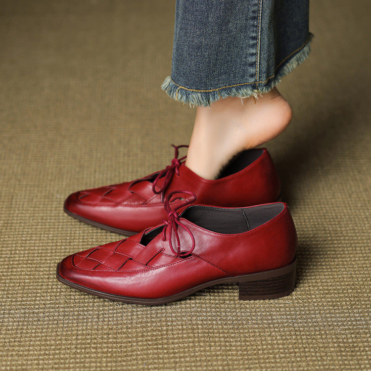 水洗牛皮编织百搭复古轻奢系带方头粗跟单鞋女鞋2026春季新款,女鞋,深口单鞋,淘宝优惠券,粉丝福利购,淘宝优惠卷