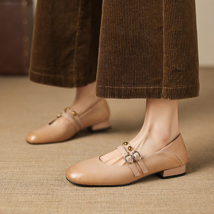 复古单鞋 2CM浅口小皮鞋 春季 2026年新款 女真皮粗跟玛丽珍鞋
