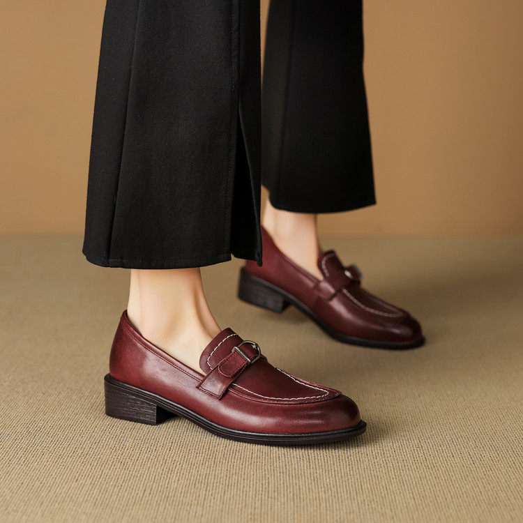 英伦风皮带扣乐福鞋女棕色一脚蹬小皮鞋粗跟女鞋真皮通勤深口单鞋,女鞋,深口单鞋,淘宝优惠券,粉丝福利购,淘宝优惠卷