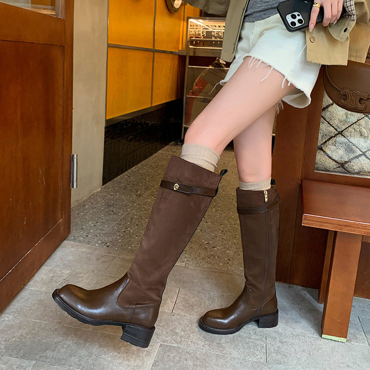 英伦风拼接皮带扣高筒靴长靴2025年秋冬圆头粗跟骑士靴女靴子,女鞋,时装靴,淘宝优惠券,粉丝福利购,淘宝优惠卷