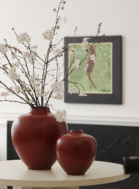 形上中古风胭脂红大罐子花瓶复古实木底座售楼处落地玄关落地摆件