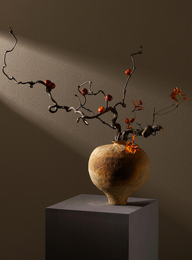 形上侘寂风花艺冯哲元复古粗陶瓷小足花瓶日式花器装饰摆件陶罐