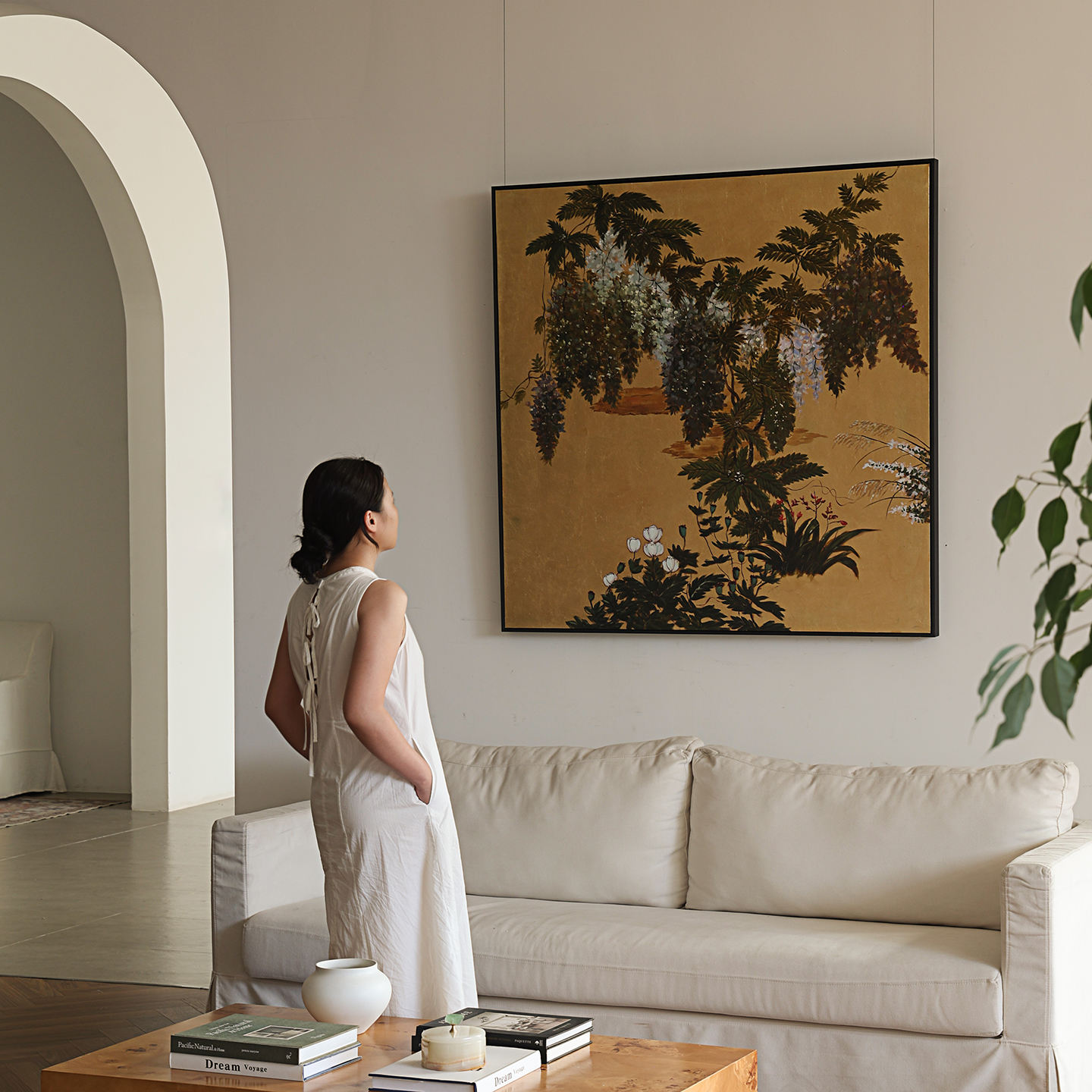 形上法式中国风手绘《金光萃幽芳》油画手工贴金箔客厅挂画装饰画