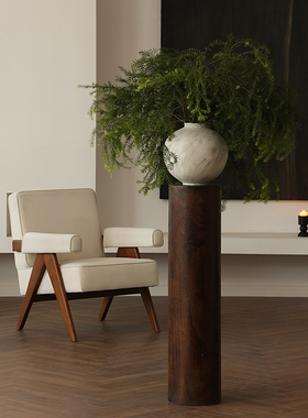 形上侘寂景德镇手工大圆罐实木墩子底座白色花瓶客厅玄关摆件装饰