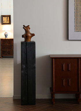 形上实木雕塑摆件落地碳化木柱子侘寂风玄关楼梯转角墩子