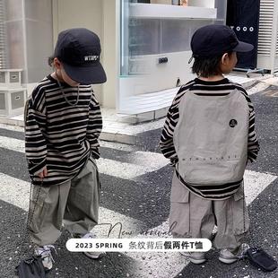 新款灰咖条纹韩版男宝宝假两件痞帅风洋气时尚休闲工装裤中小童