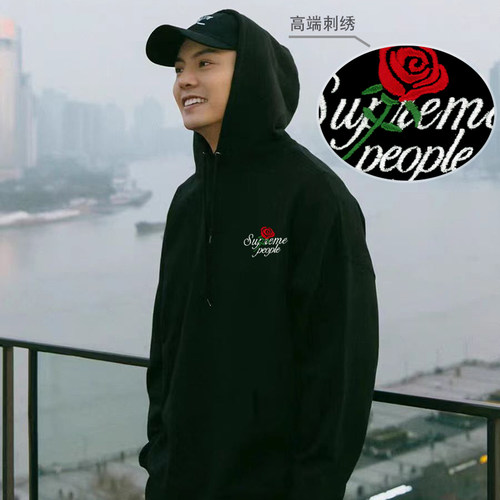 玫瑰花卉刺绣连帽卫衣情侣款外套