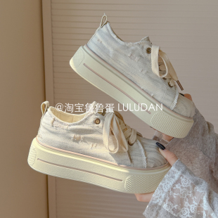 2026新款 女款 春季 复古做旧板鞋 鲁鲁蛋 小白鞋 增高4.5CM厚底帆布鞋