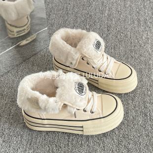 鲁鲁蛋 复古加绒厚底帆布鞋女款2025新款冬季二棉鞋高帮休闲板鞋