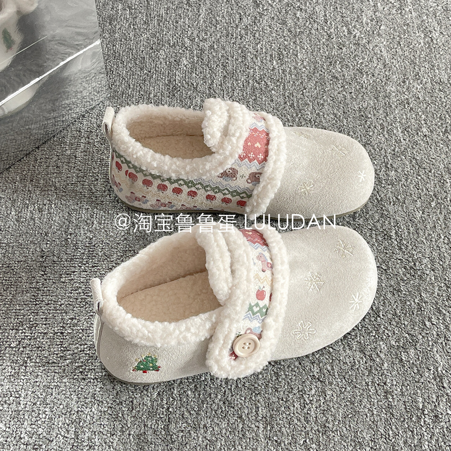 鲁鲁蛋 圣诞加绒勃肯鞋子女2025新款冬外穿一脚蹬毛毛鞋保暖棉鞋