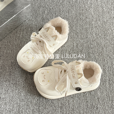 鲁鲁蛋 冬季厚底小白鞋女款2025新款保暖加绒板鞋二棉女鞋面包鞋