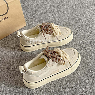 鲁鲁蛋 厚底帆布鞋女款2026新款春夏透气百搭小白鞋一脚蹬板鞋潮