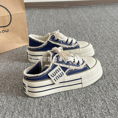 鲁鲁蛋 一脚蹬半拖厚底帆布鞋女款2025新款秋季百搭两穿休闲板鞋