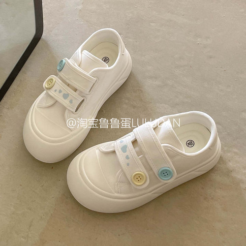 鲁鲁蛋 春夏魔术贴帆布鞋透气板鞋女款2026新款厚底小白鞋面包鞋