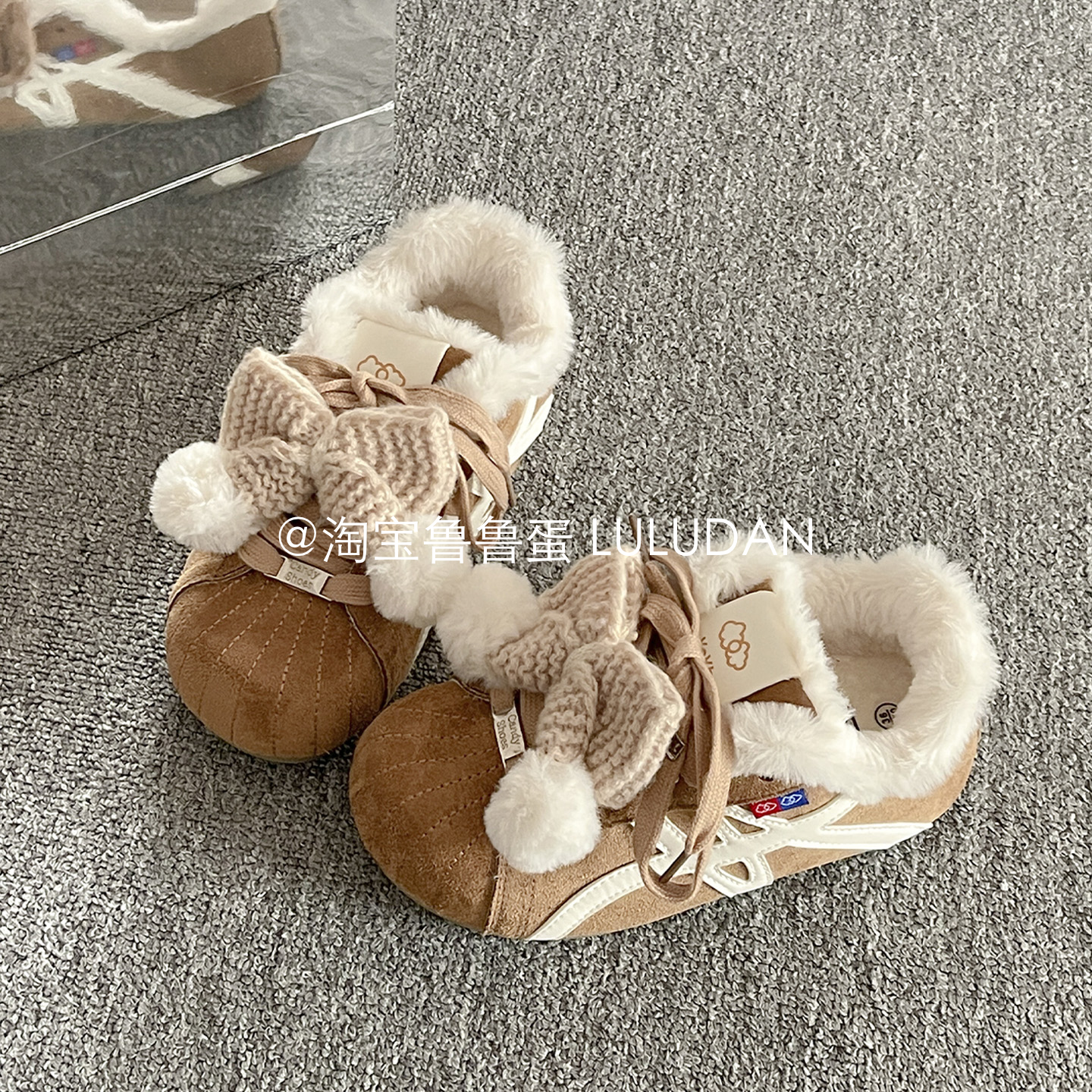 鲁鲁蛋 蝴蝶结加绒德训鞋女2025新款冬季保暖二棉板鞋厚底小白鞋