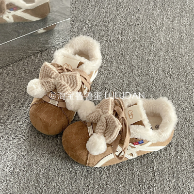 鲁鲁蛋 蝴蝶结加绒德训鞋女2025新款冬季保暖二棉板鞋厚底小白鞋