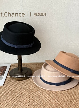 秋冬羊毛英伦宽檐礼帽男女平顶帽