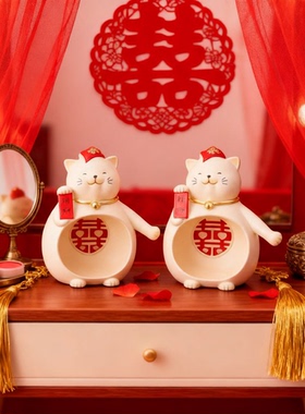 喜庆红色招财猫双猫摆件